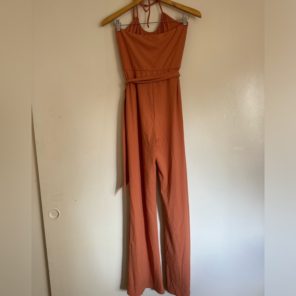 Lovers + Friends Langley Peach Halter Tie-Waist Ribbed Jumpsuit - Picture 8 of 9